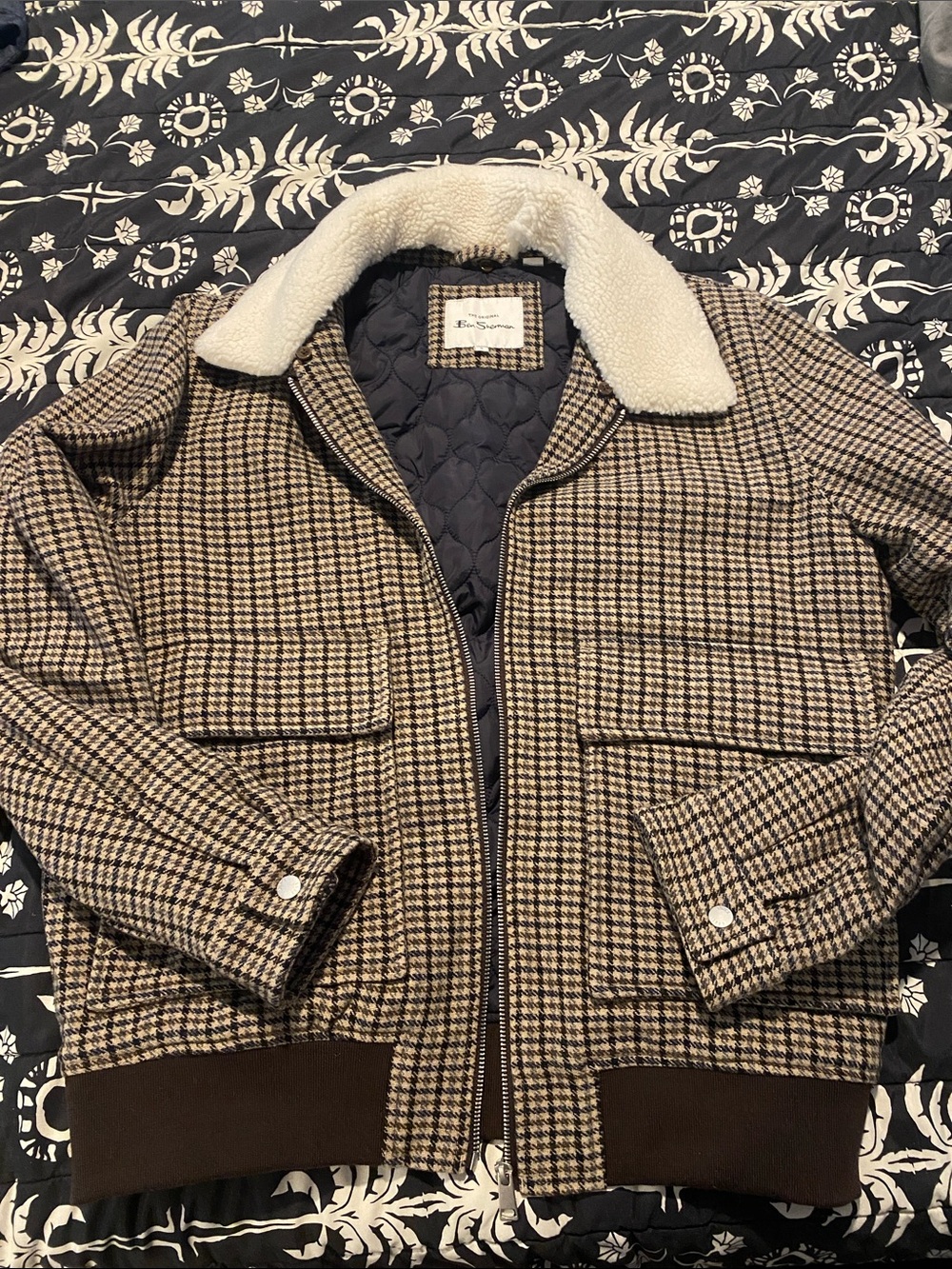 Ben Sherman Brown Houndstooth Bomber Jacket with Cream Sherpa Collar